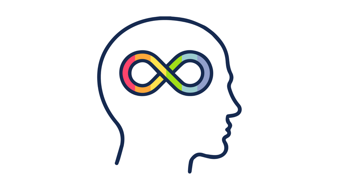 Cartoon of a brain with an autism rainbow infinity symbol illustrating how gut-brain probiotics can help autistic people