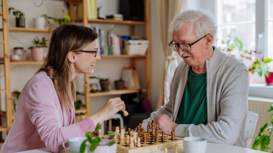Two people sit with a chess board between them. A bookshelf with potted plants and books is out of focus behind them, lit by a sunny window.