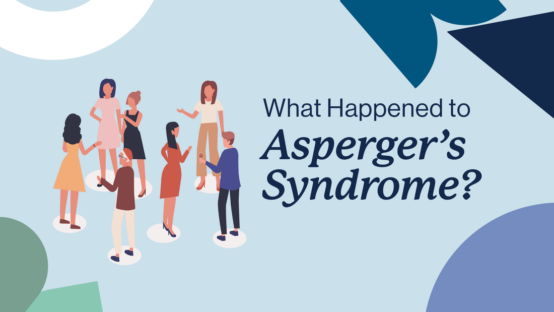 Corporate Memphis-style illustration of a group of people standing and having conversations. A caption reads, “What Happened to Asperger’s Syndrome?”