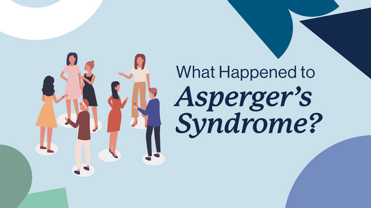 Corporate Memphis-style illustration of a group of people standing and having conversations. A caption reads, “What Happened to Asperger’s Syndrome?”