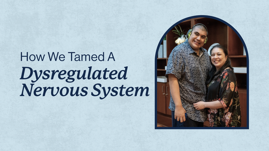 A photo of a son and his mother next to the title: How We Tamed a Dysregulated Nervous System