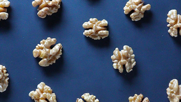 Walnuts on a blue background look like tiny brains